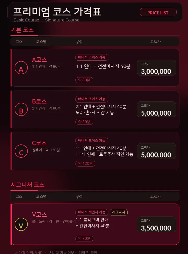 다낭 빨간그네 마사지 가격표